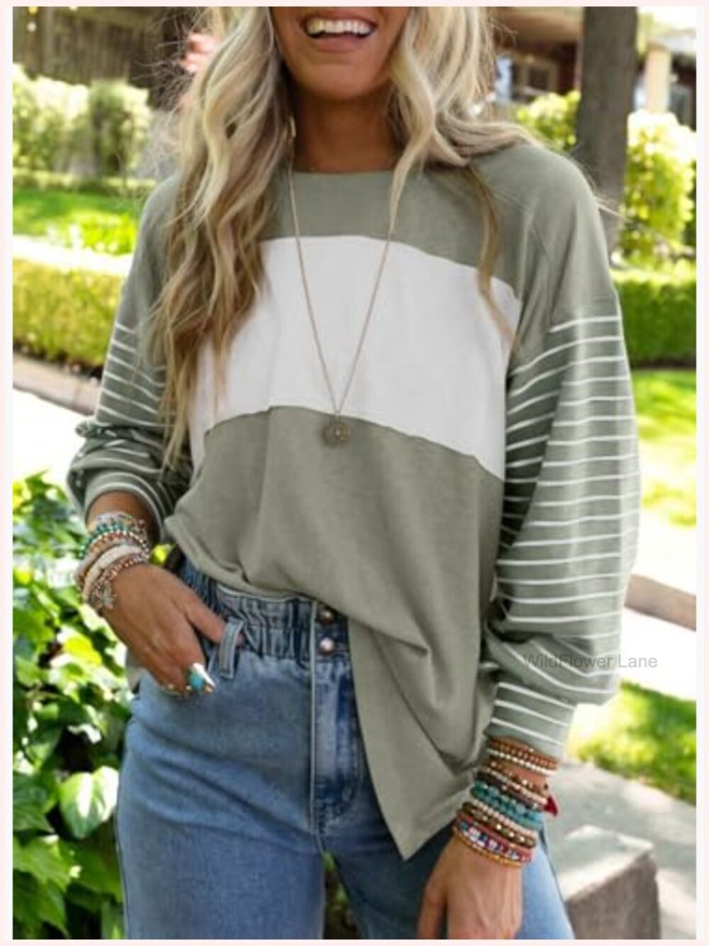 Oversized Color Block Crew Neck Long Sleeve Blouse Tunic Top - Picture 2 of 7